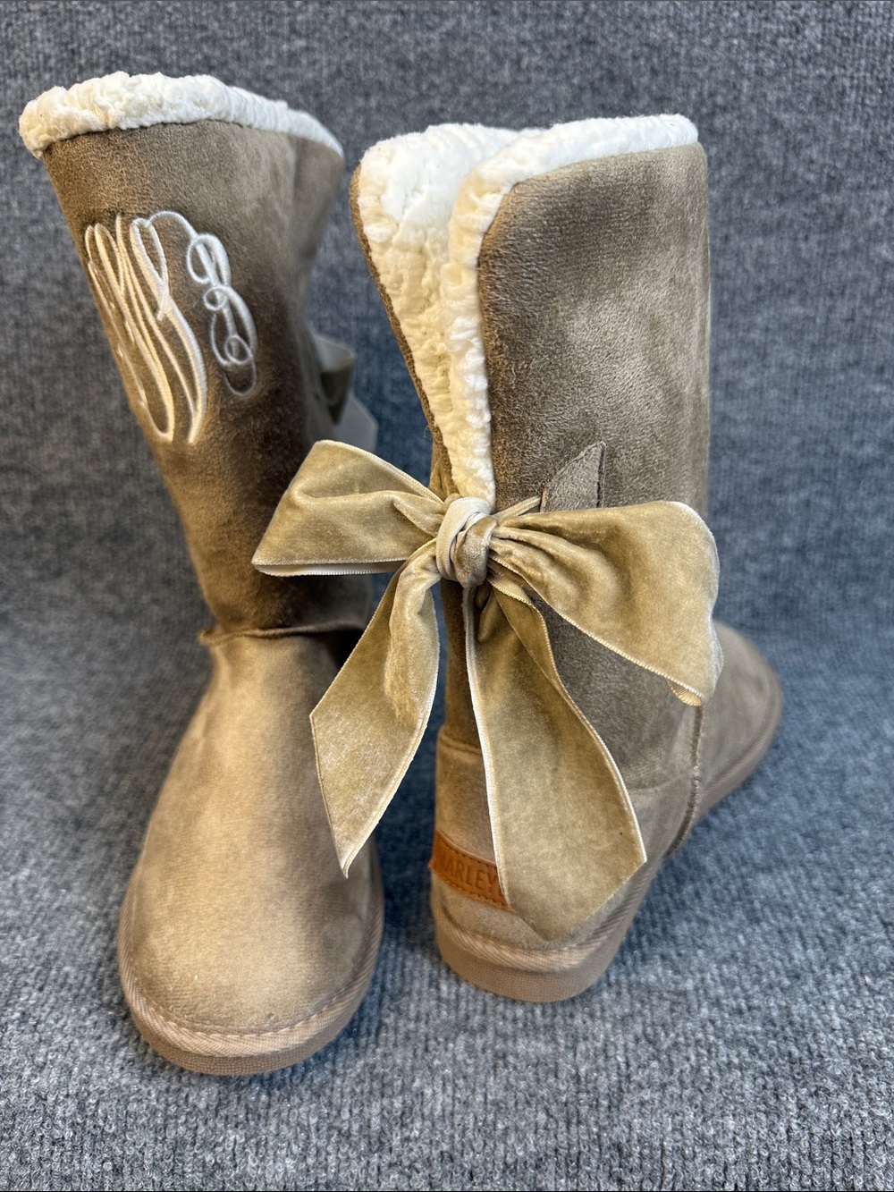 Marleylilly Monogrammed Suede and Sherpa Boots with Velvet Bow Back Size 7